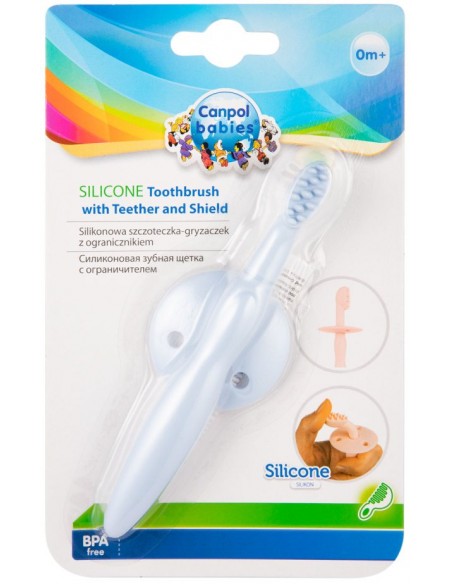 Canpol Babies 51/500 Blue Silikonowa szczoteczka do zębów z gryzakiem i tarczą do dziąseł i pierwszy